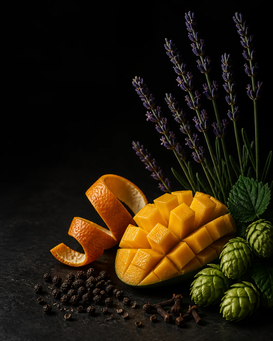 Lavender, citrus peel, mango, hops, peppercorns and cloves
